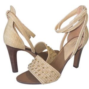 Franco Sarto Eleanor Beige and Gold Studded Ankle Strap Heels Size 10 NWOB